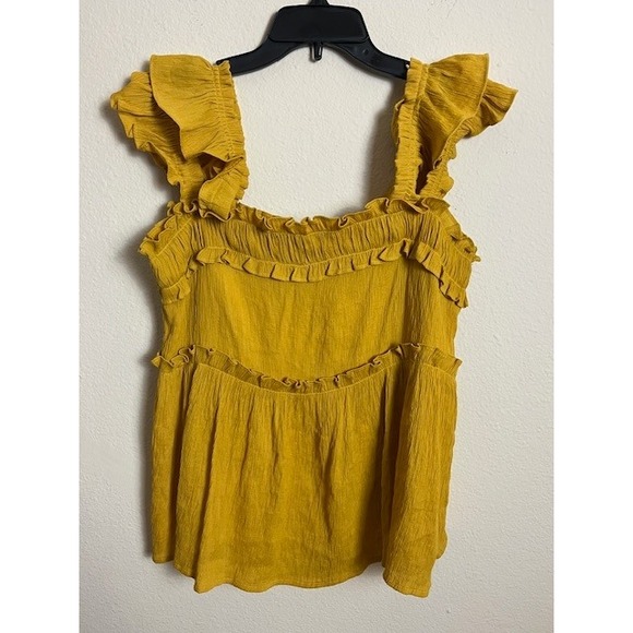 The Impeccable Pig Tops - Yellow Ruffle Sleeveless Blouse Top Size L Square Neck Summer Flirty